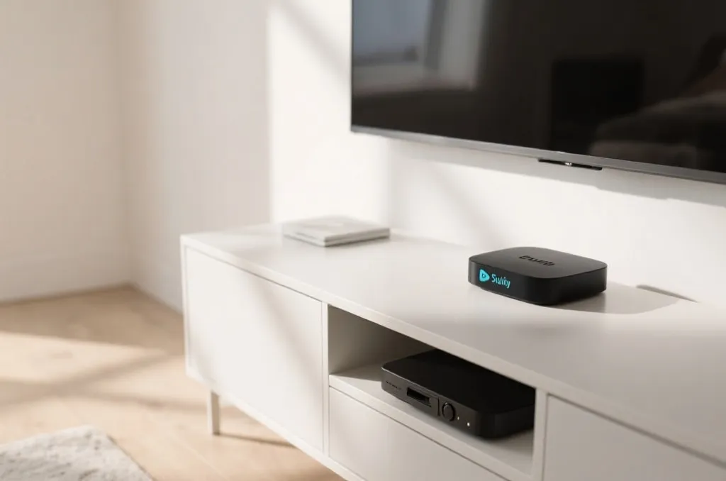 A generic streaming box and a tidy setup of an entertainment center near a modern TV, clean minimalist tech aesthetic, soft natural daylight, no visible brand logos
